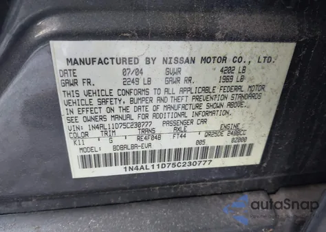 2005 Nissan Altima 2.5 S z USA, uszkodzony, nr VIN 1N4AL11D75C230777